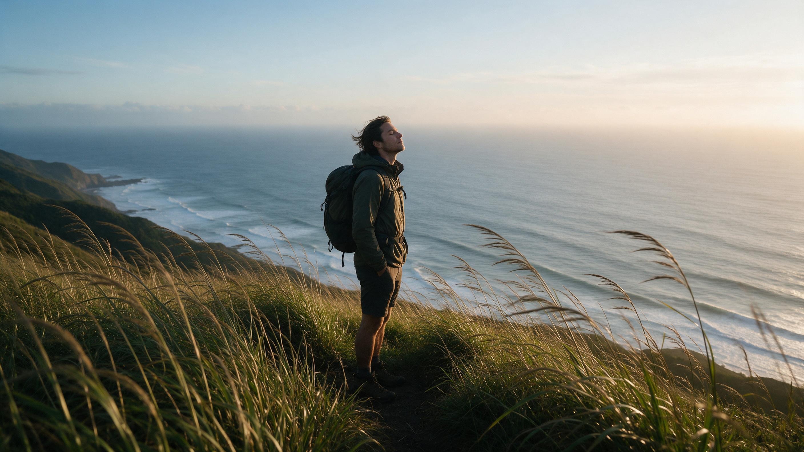 Hiker alone on a ridgeline at dawn listening to intuition, representing Gratitude and Forgiveness Hiker alone on a ridgeline at dawn listening to intuition, representing Gratitude and Forgiveness