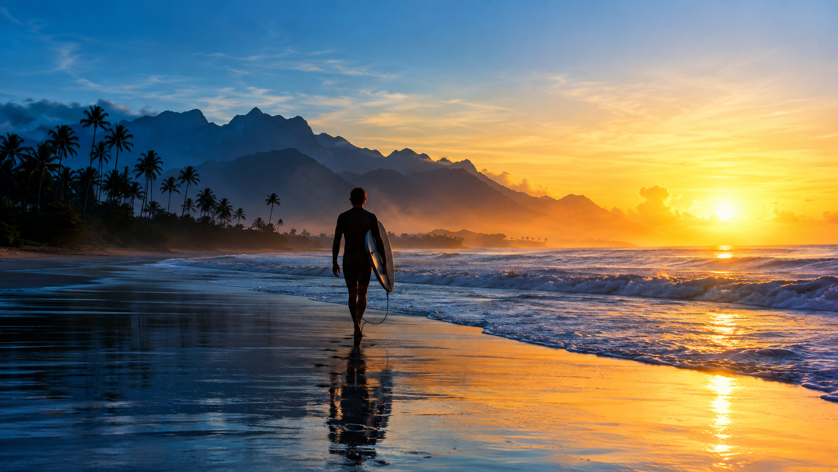 Lone surfer walking toward the ocean at sunrise, representing rhythm, patience, and daily practice. Lone surfer walking toward the ocean at sunrise, representing rhythm, patience, and daily practice.
