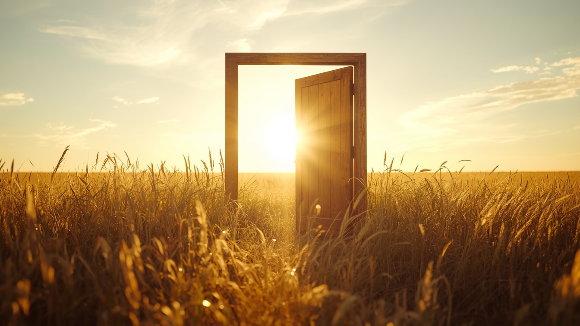 Open door in the middle of a field filled with tall grass representing the next step to positive change and becoming Open door in the middle of a field filled with tall grass representing the next step to positive change and becoming