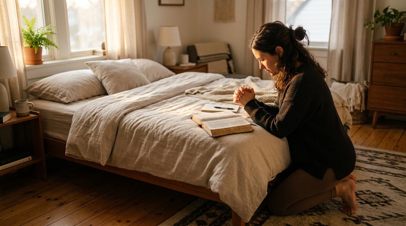 A person in morning prayer, symbolizing the soul-first approach to healing and the spiritual component of Dr. Agolli's 40-day protocol.