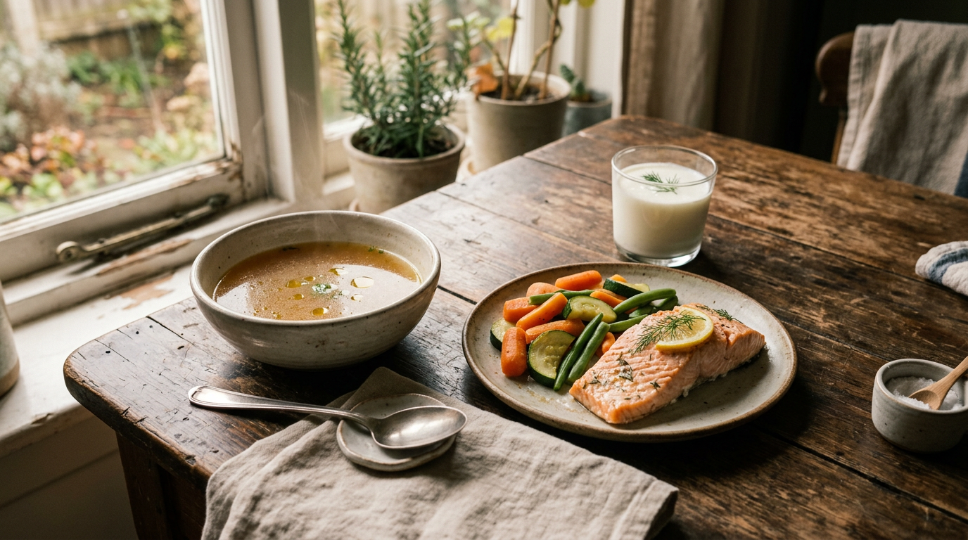 Gut-healing foods including bone broth, cooked salmon, and probiotic-rich yogurt, symbolizing the gut-first approach to reversing autoimmune disease.