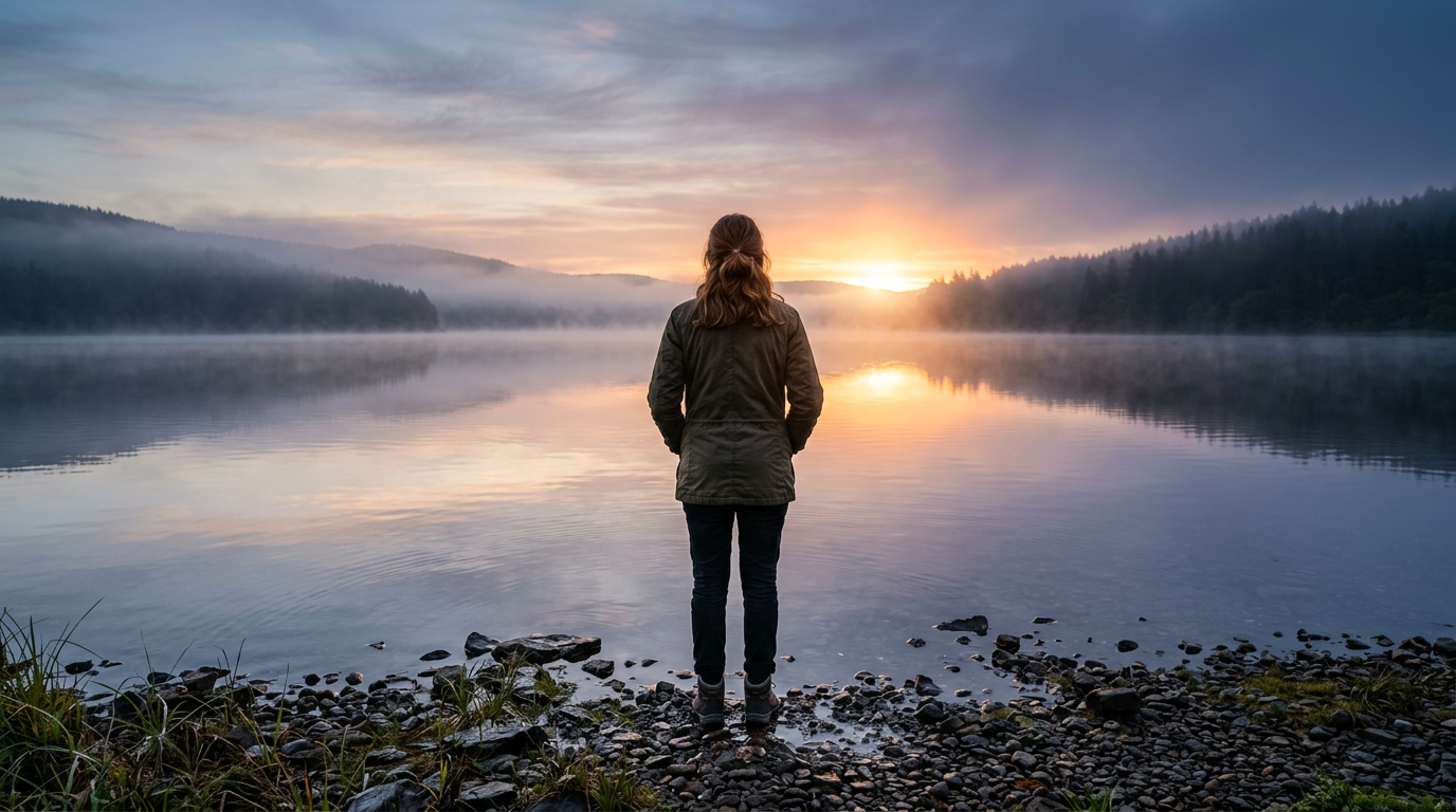 Person standing at the edge of a misty lake at dawn, symbolizing a fresh start after emotional release. Person standing at the edge of a misty lake at dawn, symbolizing a fresh start after emotional release.