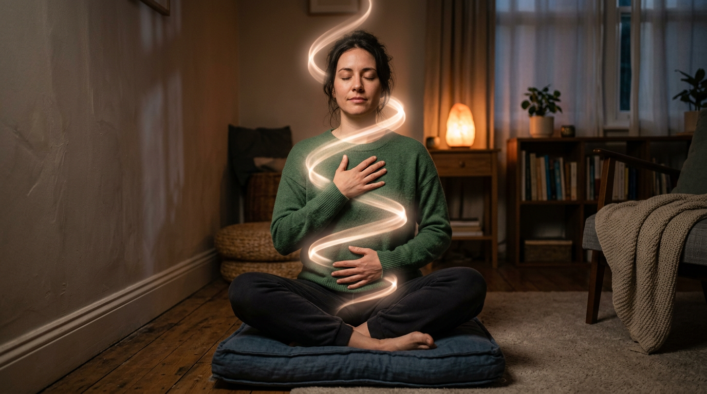 Person practicing mind-body-breath connection with spiraling light moving through their core. Person practicing mind-body-breath connection with spiraling light moving through their core.