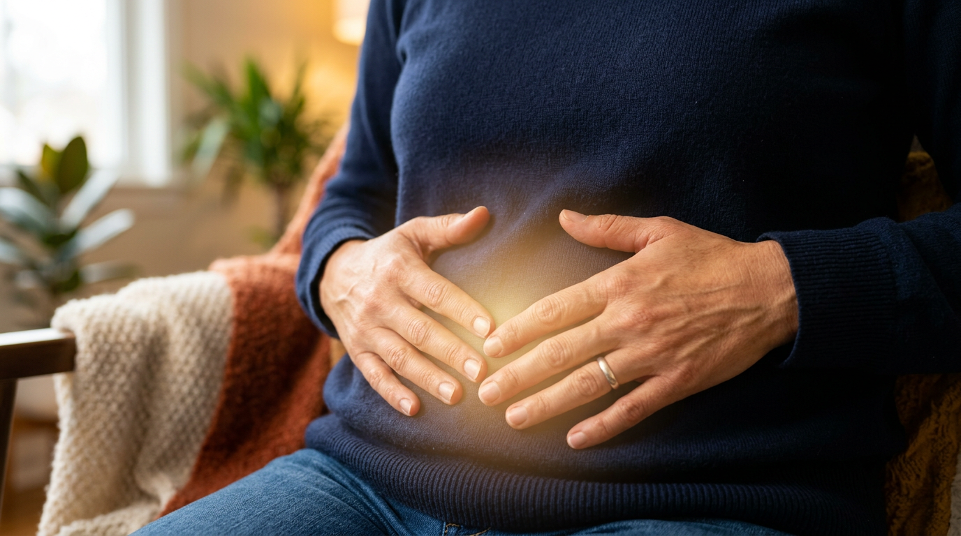 Hands resting on belly with golden healing glow, representing body awareness and energy flow. Hands resting on belly with golden healing glow, representing body awareness and energy flow.