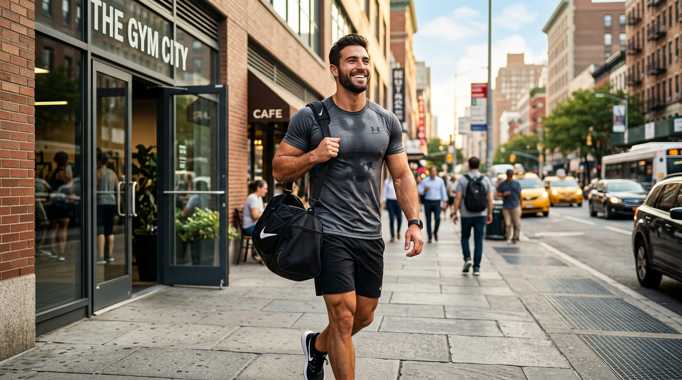 Confident man leaving gym with pumped chest after effective reps workout. Confident man leaving gym with pumped chest after effective reps workout.
