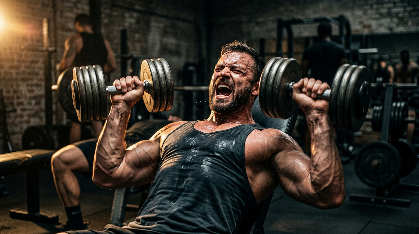 Weightlifter pushing through final effective reps to failure on dumbbell bench press. Weightlifter pushing through final effective reps to failure on dumbbell bench press.
