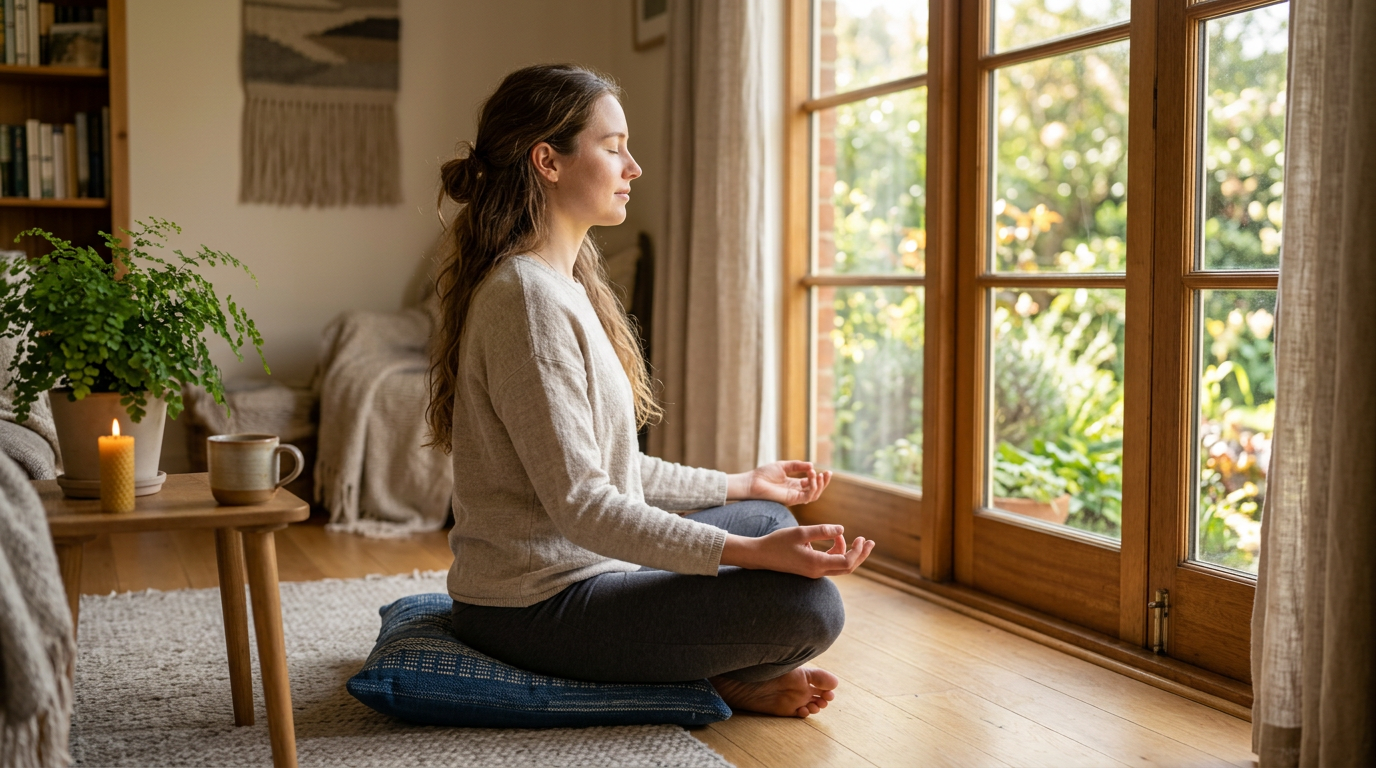 Woman meditating cross-legged in morning light, eyes closed, hands resting open Woman meditating cross-legged in morning light, eyes closed, hands resting open