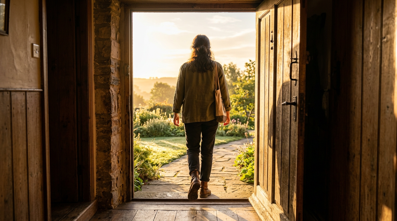 Person walking through a doorway into warm morning light, seen from behind Person walking through a doorway into warm morning light, seen from behind