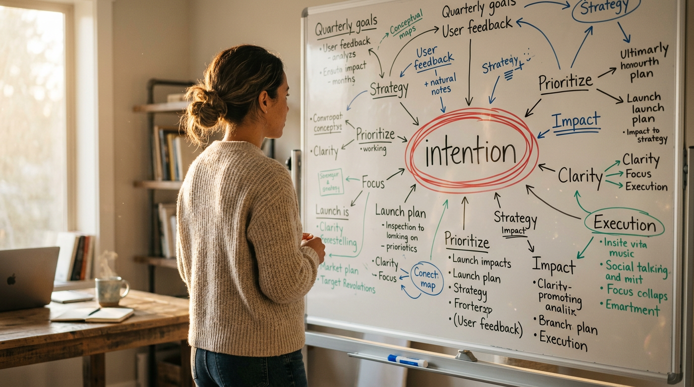 Person standing before a whiteboard with the word "intention" circled in red Person standing before a whiteboard with the word "intention" circled in red