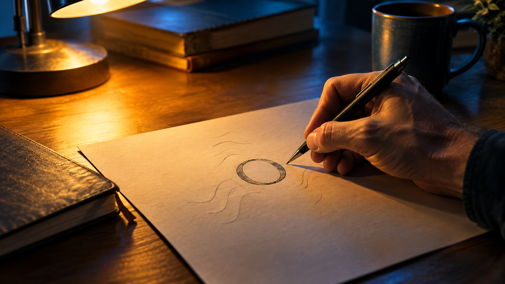 Single paper on dark wooden desk with a circle and two squiggly electromagnetic lines drawn around it in pencil depicting the simplicity of the O exercise Single paper on dark wooden desk with a circle and two squiggly electromagnetic lines drawn around it in pencil depicting the simplicity of the O exercise