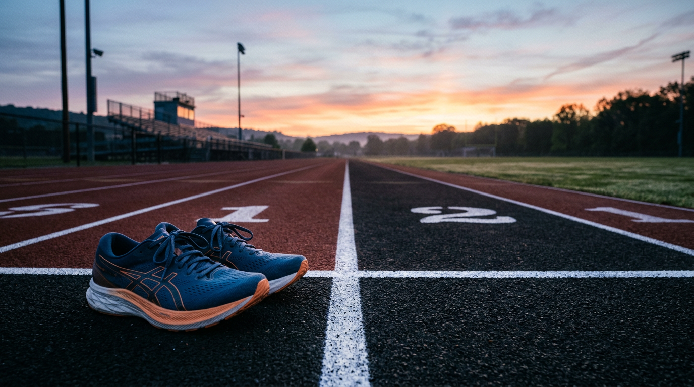 Running shoes at the starting line at dawn, symbolizing the next move after a comeback Running shoes at the starting line at dawn, symbolizing the next move after a comeback