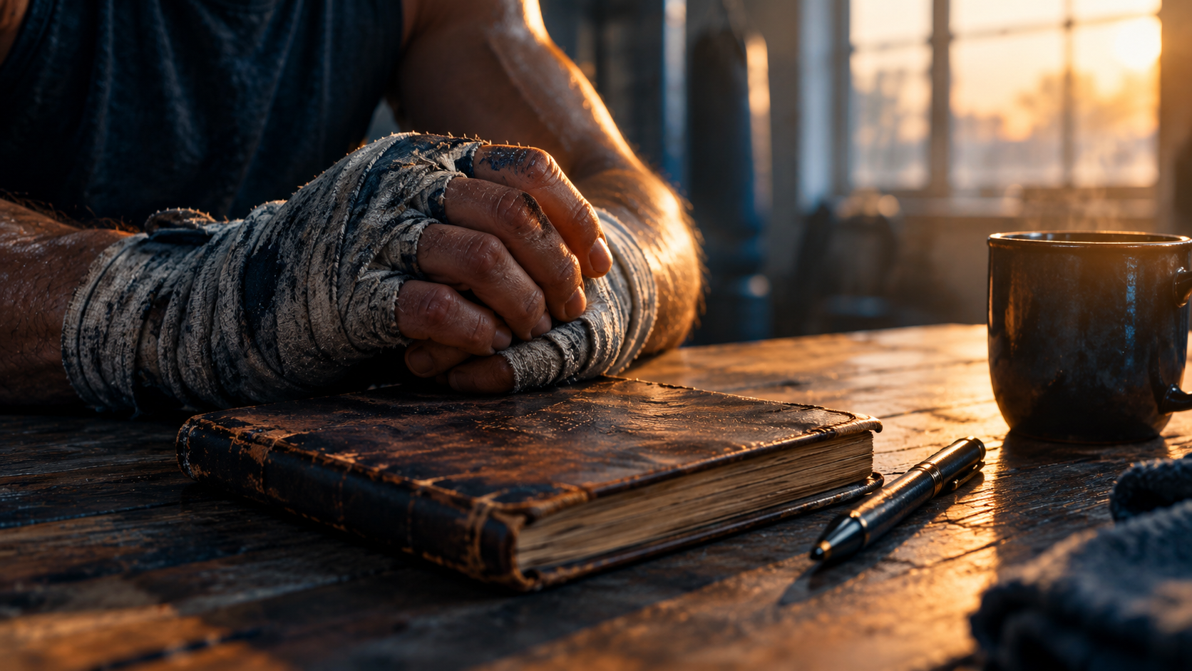 Taped boxing hands resting on a journal and pen in morning light, symbolizing a comeback mindset Taped boxing hands resting on a journal and pen in morning light, symbolizing a comeback mindset