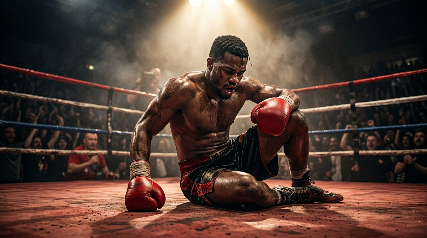 Boxer pushing off the canvas to rise after being knocked down, symbolizing perseverance Boxer pushing off the canvas to rise after being knocked down, symbolizing perseverance