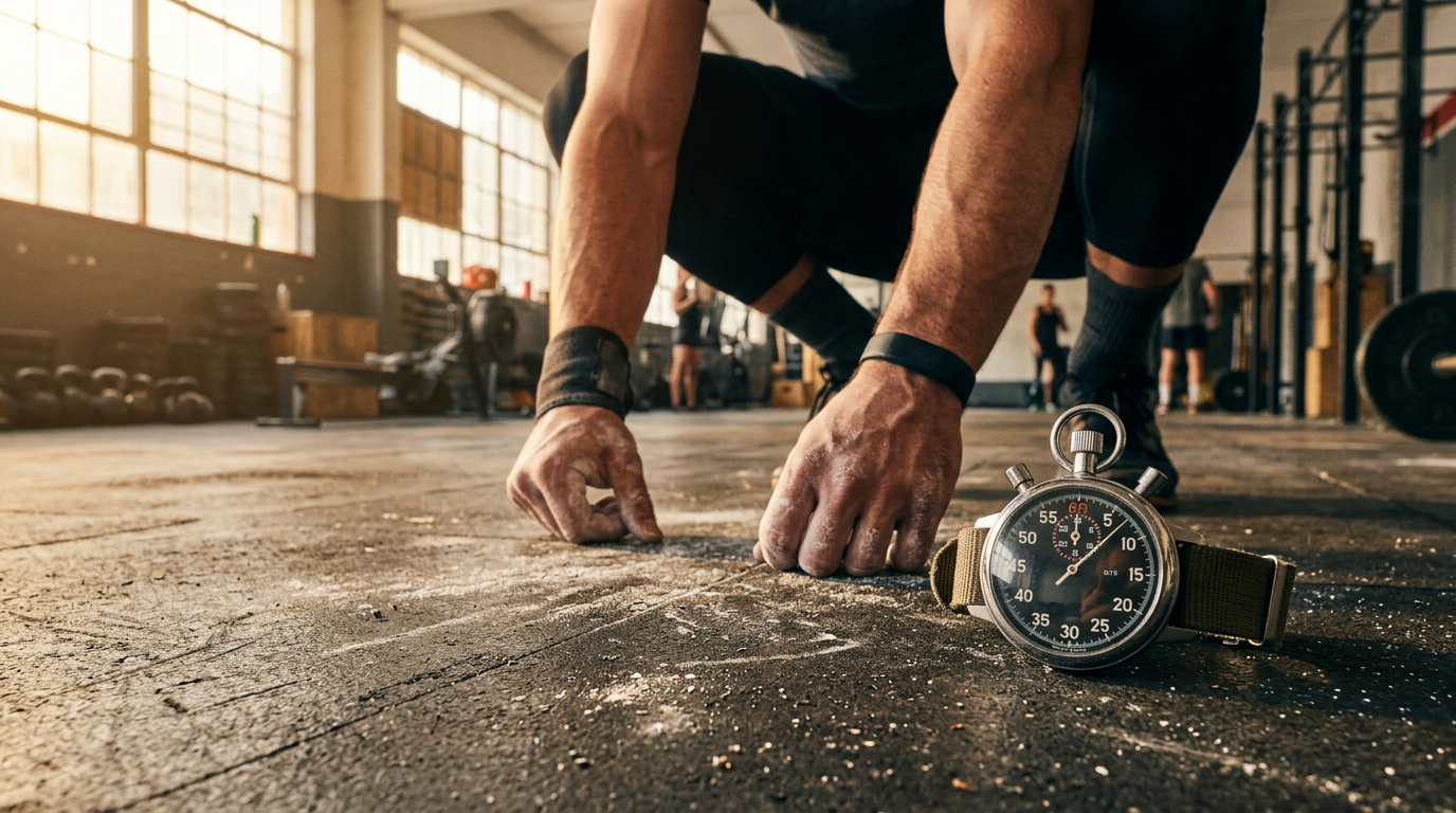 Stopwatch on gym floor beside chalk-dusted hands, symbolizing faster recovery Stopwatch on gym floor beside chalk-dusted hands, symbolizing faster recovery