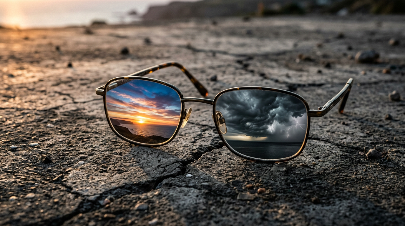 Glasses on cracked concrete with one lens reflecting sunrise and the other storm clouds, symbolizing perception Glasses on cracked concrete with one lens reflecting sunrise and the other storm clouds, symbolizing perception