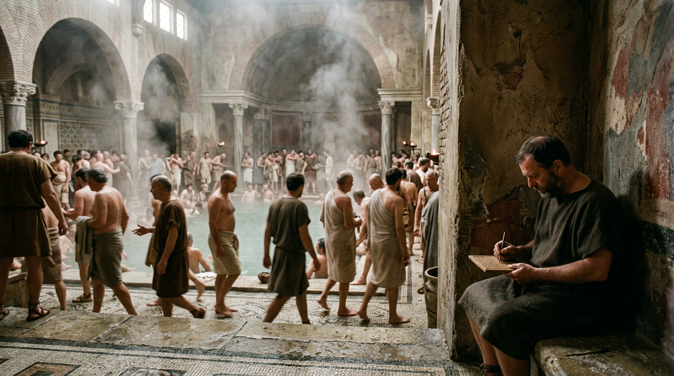 Seneca writing in noisy Roman baths training focus amid distraction