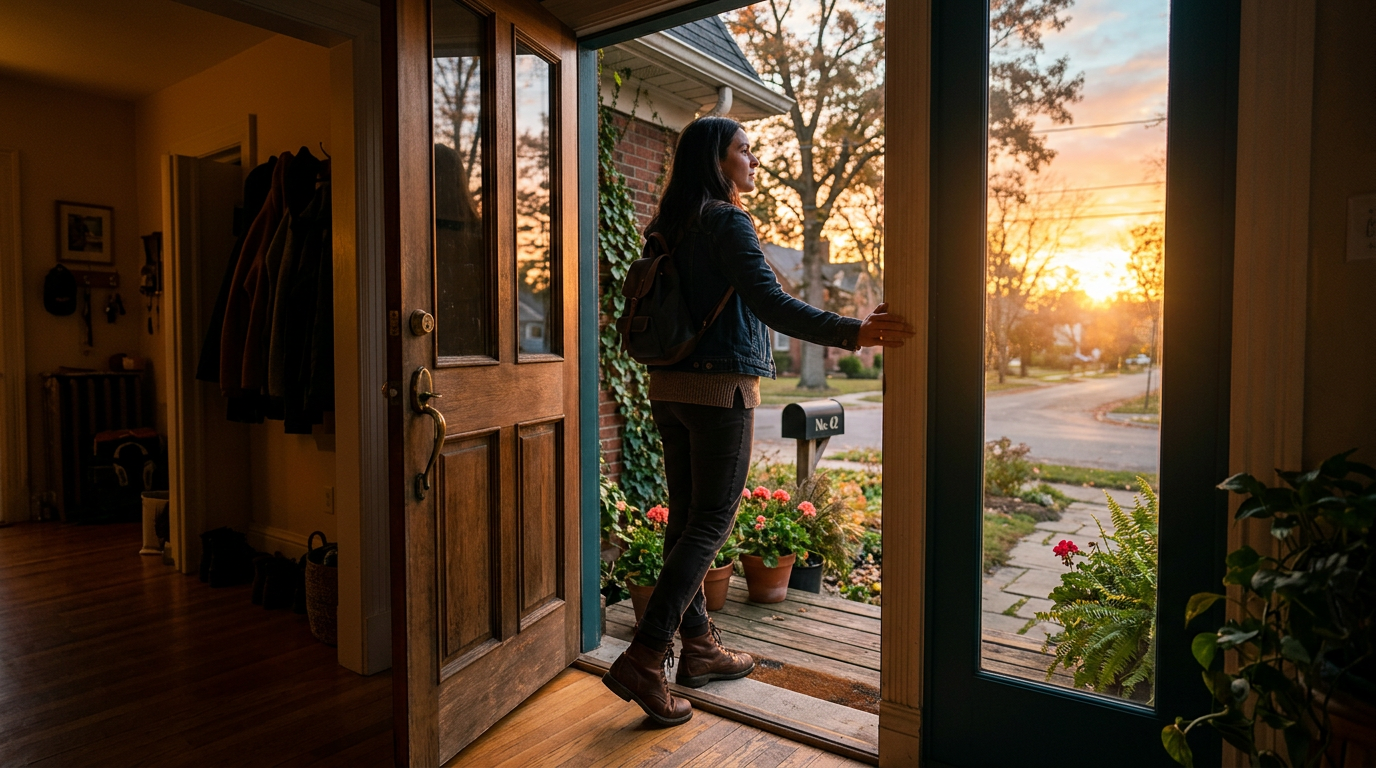 Person standing at door at dawn ready to start morning routine
