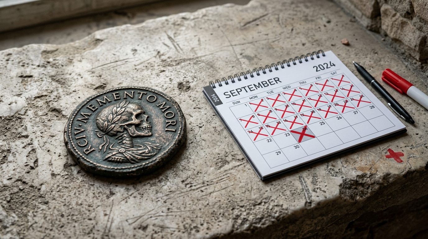 Memento mori coin with calendar showing Stoic practice of remembering mortality