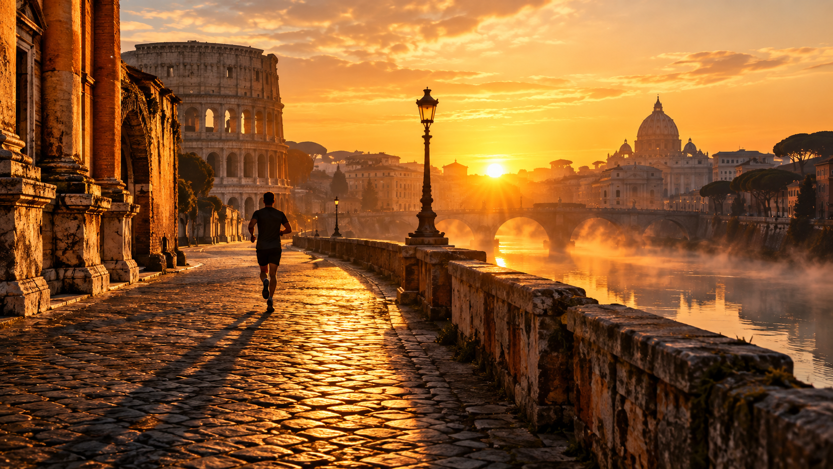 Runner training alone in ancient Roman streets at sunrise