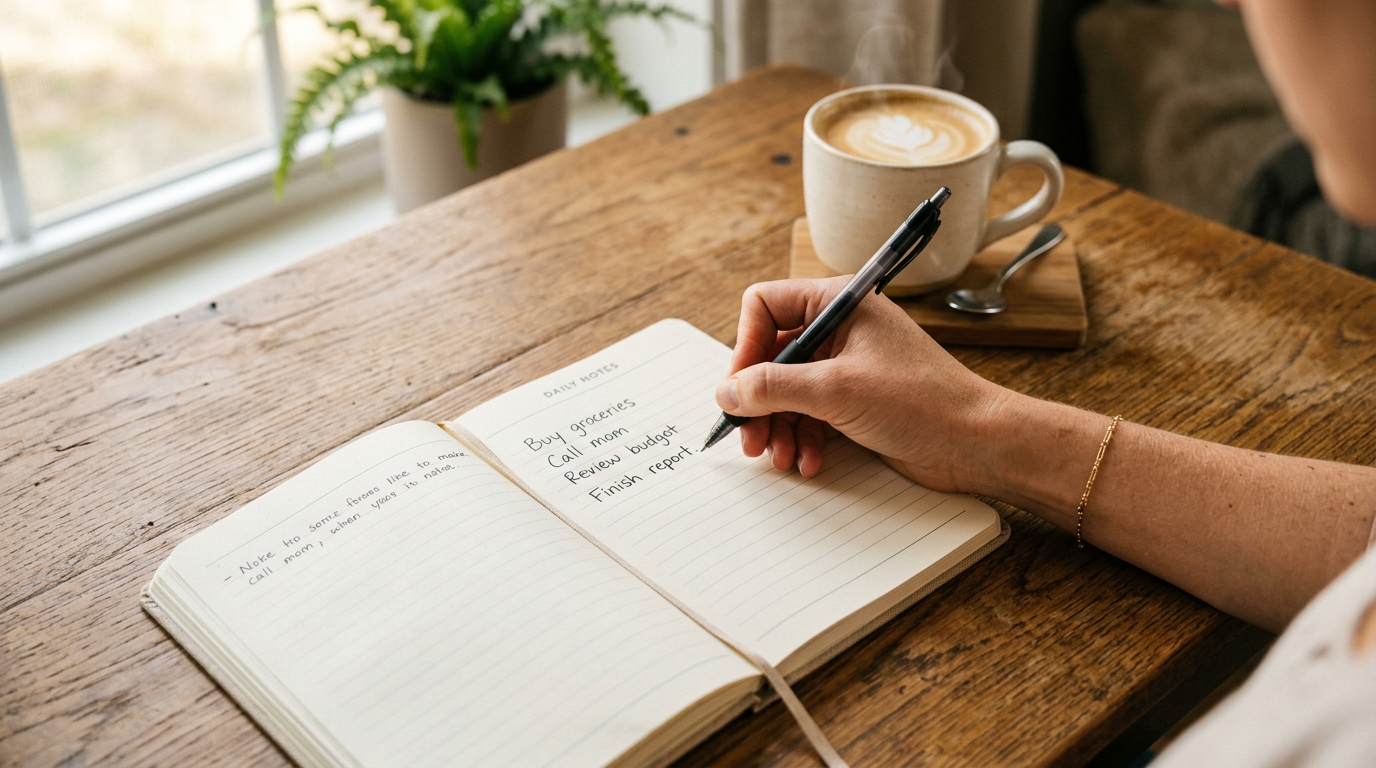 Hand writing a short supplement list in a notebook at a sunny desk. Hand writing a short supplement list in a notebook at a sunny desk.
