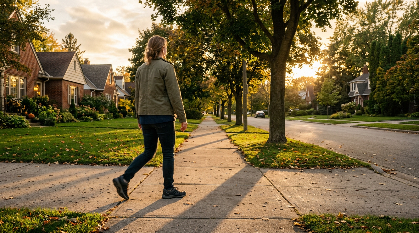 erson walking on a quiet sidewalk in golden afternoon light after a meal. erson walking on a quiet sidewalk in golden afternoon light after a meal.