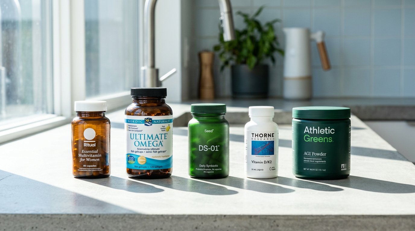 Five essential supplement bottles arranged neatly on a bright countertop. Five essential supplement bottles arranged neatly on a bright countertop.