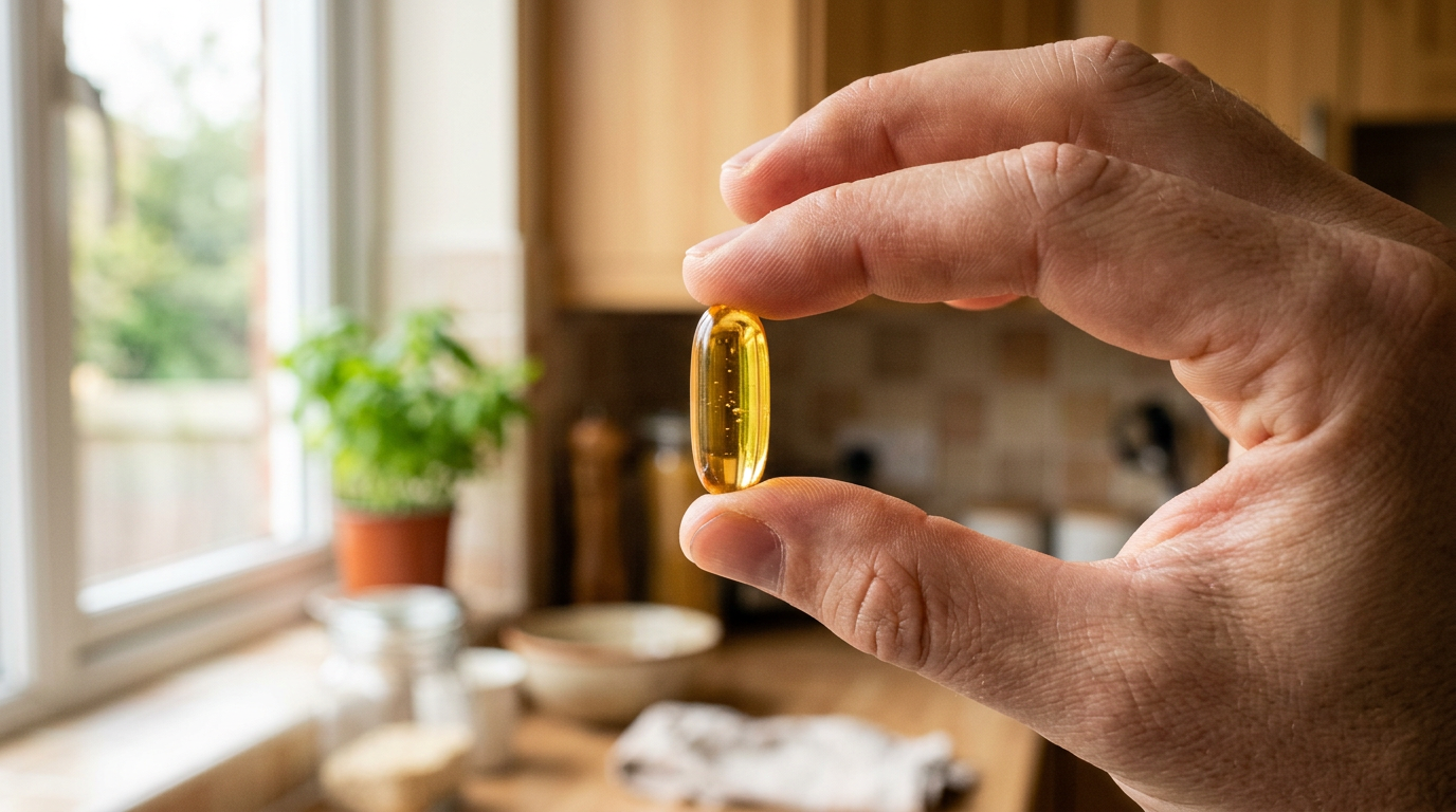 Omega-3 fish oil capsule held up to the light showing golden oil inside. Omega-3 fish oil capsule held up to the light showing golden oil inside.