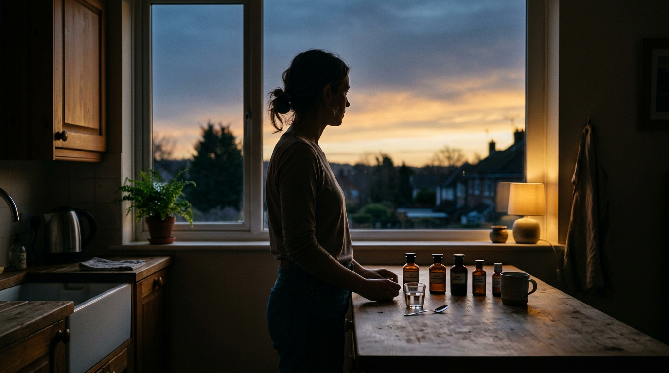 Silhouette of a person at a kitchen counter at dawn with five supplement bottles in front of them. Silhouette of a person at a kitchen counter at dawn with five supplement bottles in front of them.