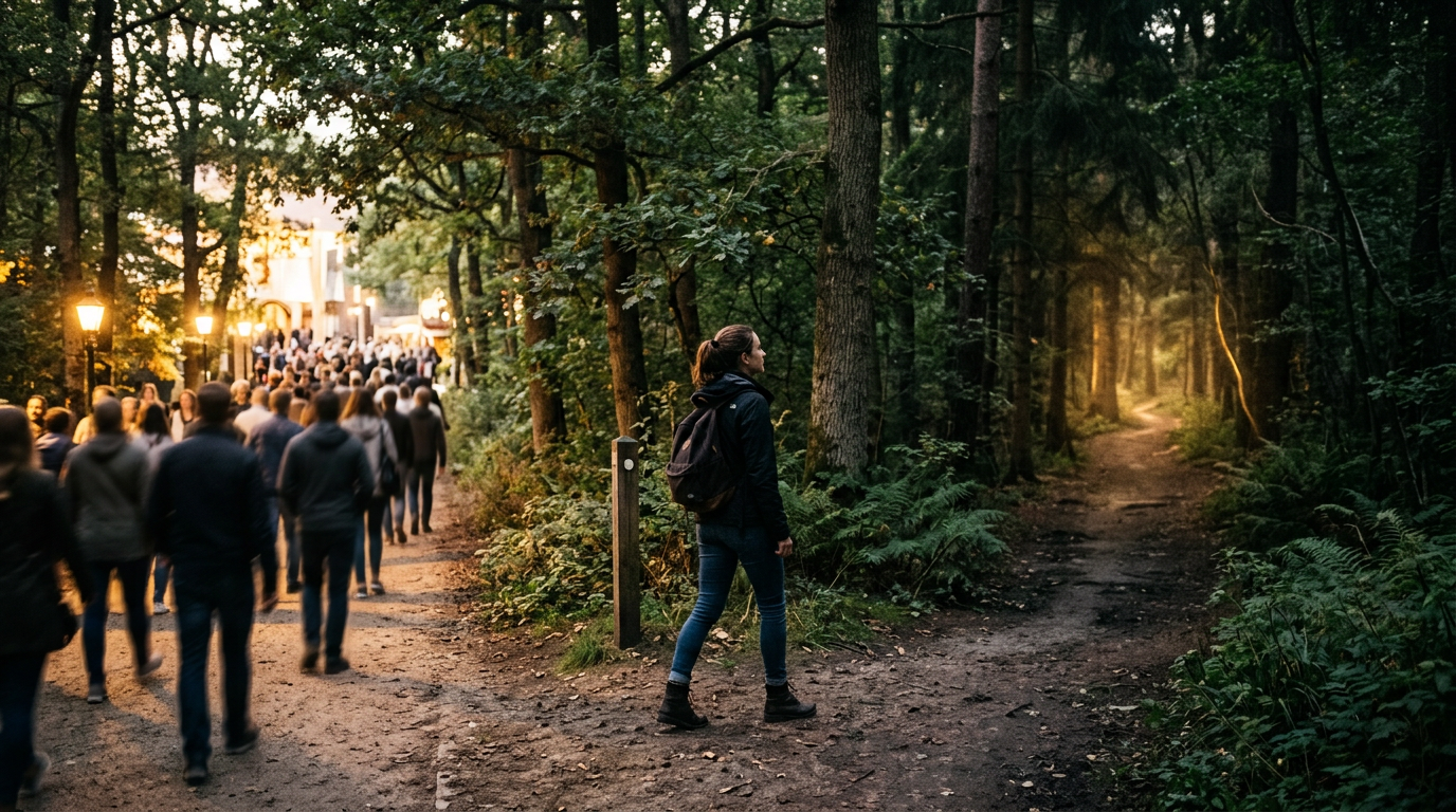 A person at a crossroads choosing between a crowded path and an inner-lit path, representing the right to change your mind. A person at a crossroads choosing between a crowded path and an inner-lit path, representing the right to change your mind.