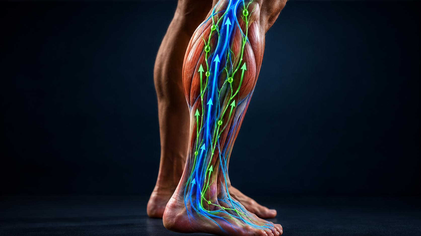 Diagram of calf muscles pumping venous and lymphatic fluid upward toward the heart.