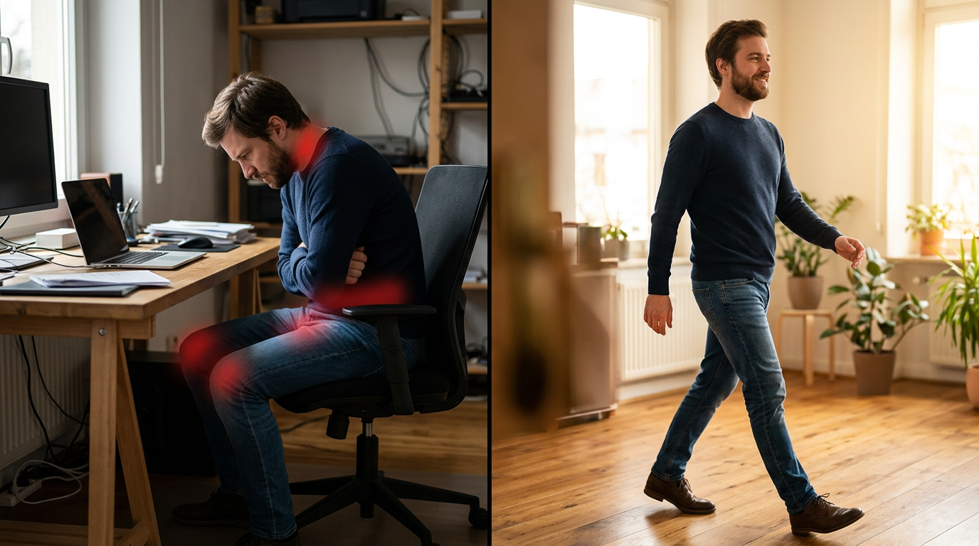 Comparison of compressed circulation while sitting versus free-flowing circulation while walking.