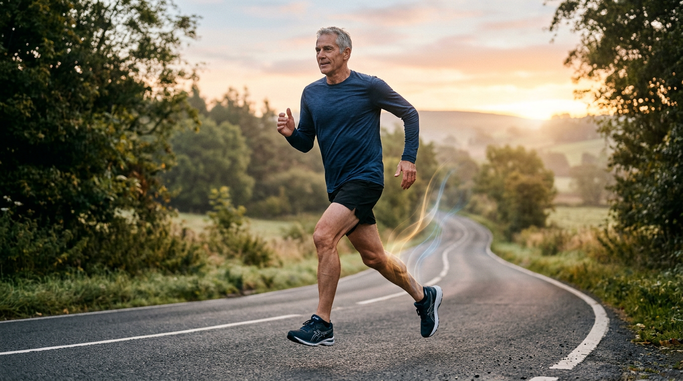 Older man jogging at sunrise with healthy circulation and strong calves.