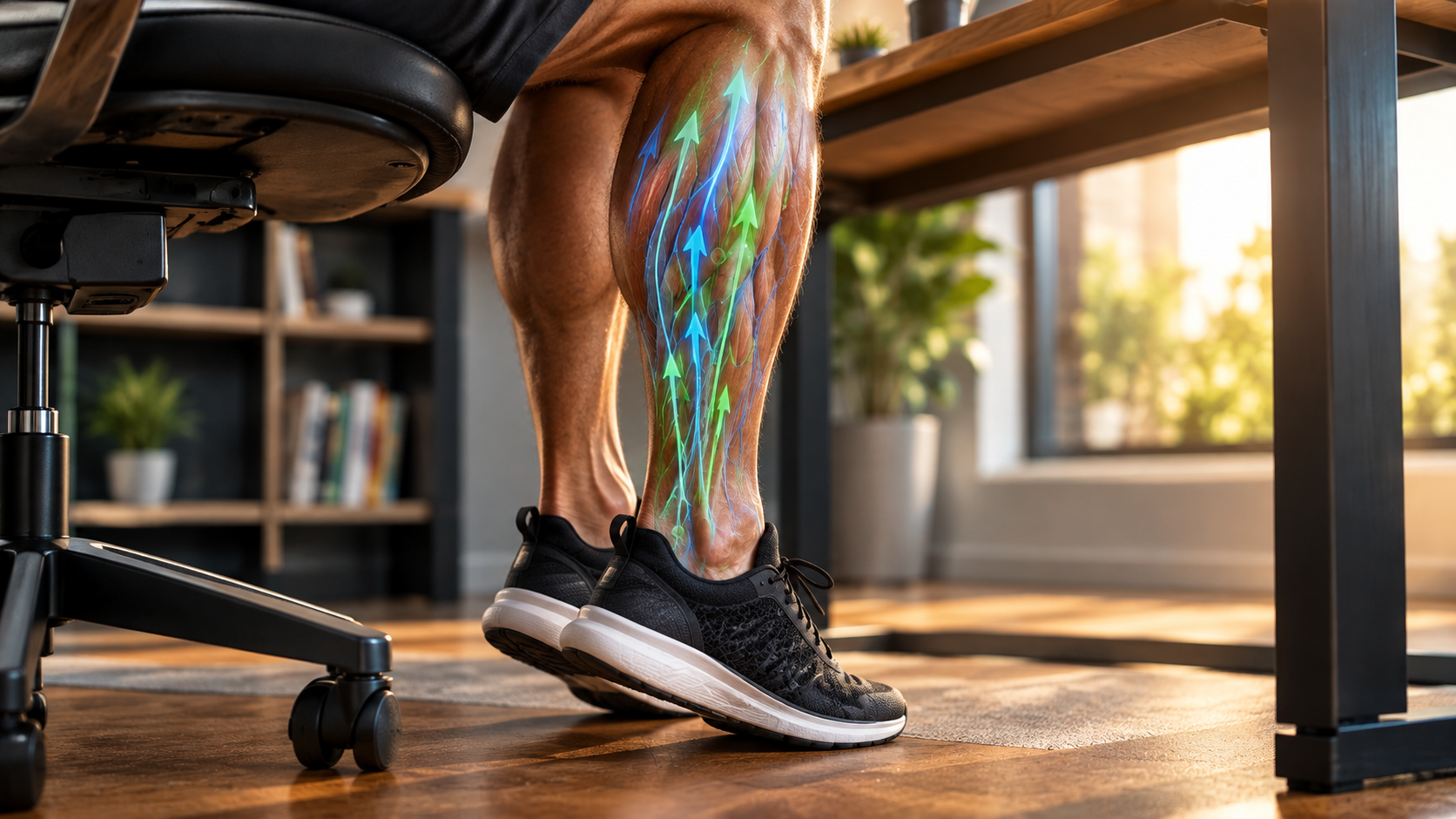 Seated calf raise under a desk to keep the second heart pumping during long work days.