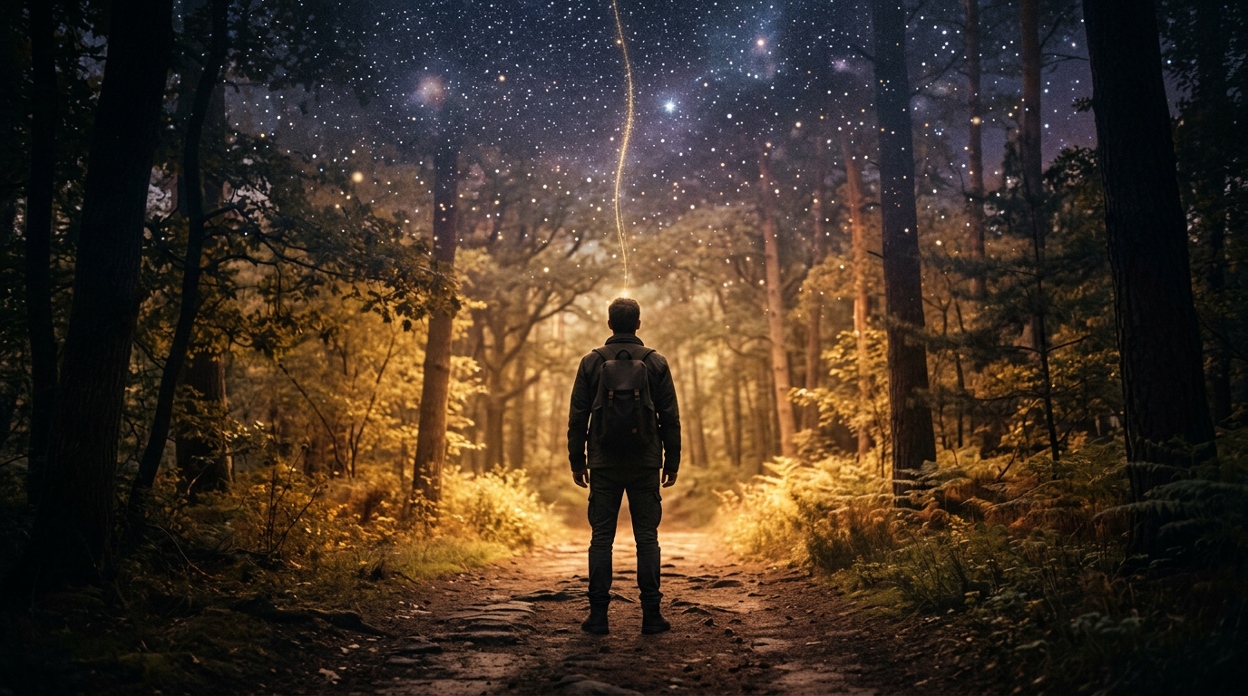 A person standing at the beginning of a glowing path, connected by light to the cosmos, symbolizing the next step forward. A person standing at the beginning of a glowing path, connected by light to the cosmos, symbolizing the next step forward.
