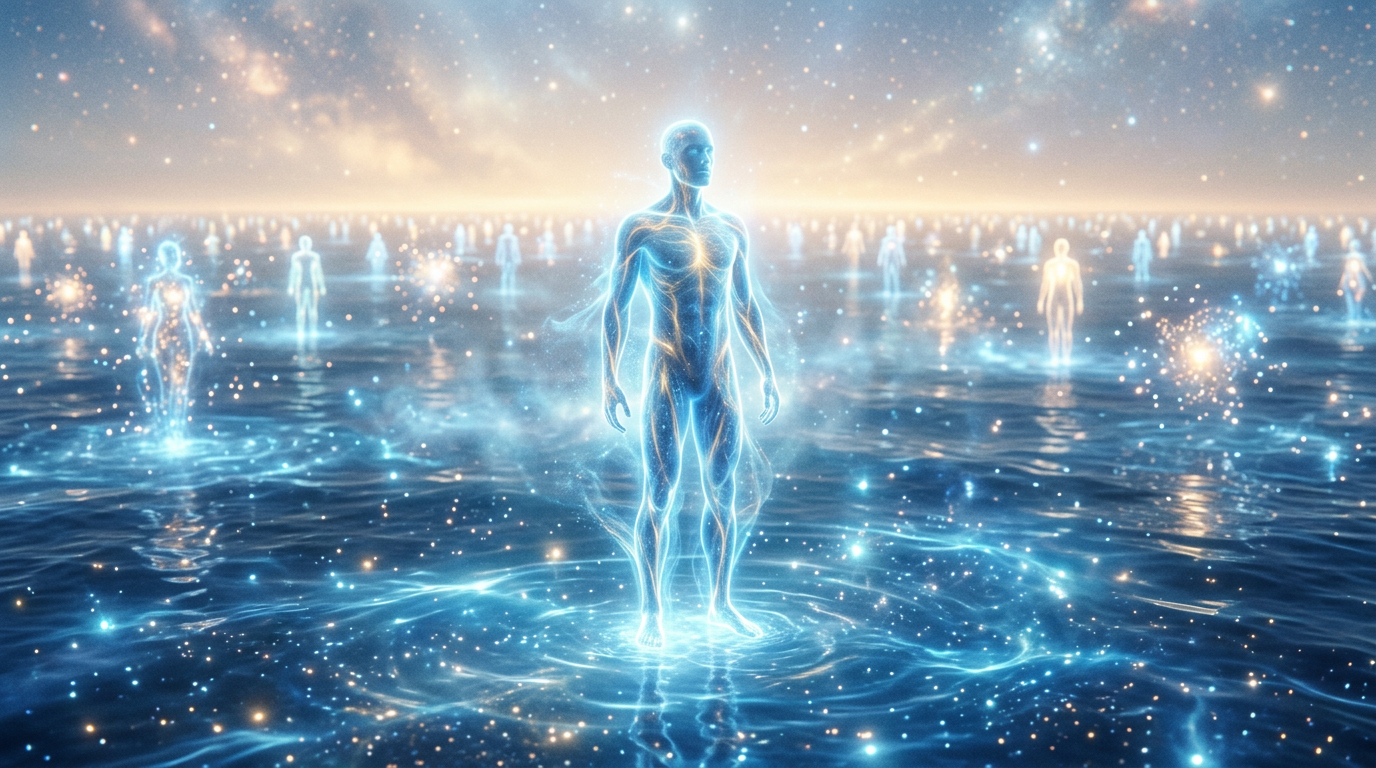 A translucent human energy field blending into a vast sea of consciousness alongside other glowing beings. A translucent human energy field blending into a vast sea of consciousness alongside other glowing beings.