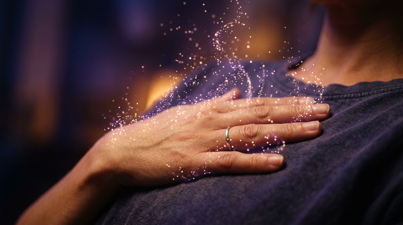 A hand resting on the heart with golden and violet light particles rising from the skin, symbolizing inner connection. A hand resting on the heart with golden and violet light particles rising from the skin, symbolizing inner connection.