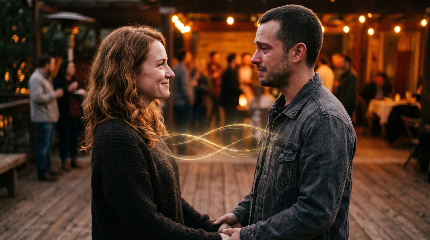 Two people silently recognizing the light in each other, with subtle golden energy passing between them. Two people silently recognizing the light in each other, with subtle golden energy passing between them.