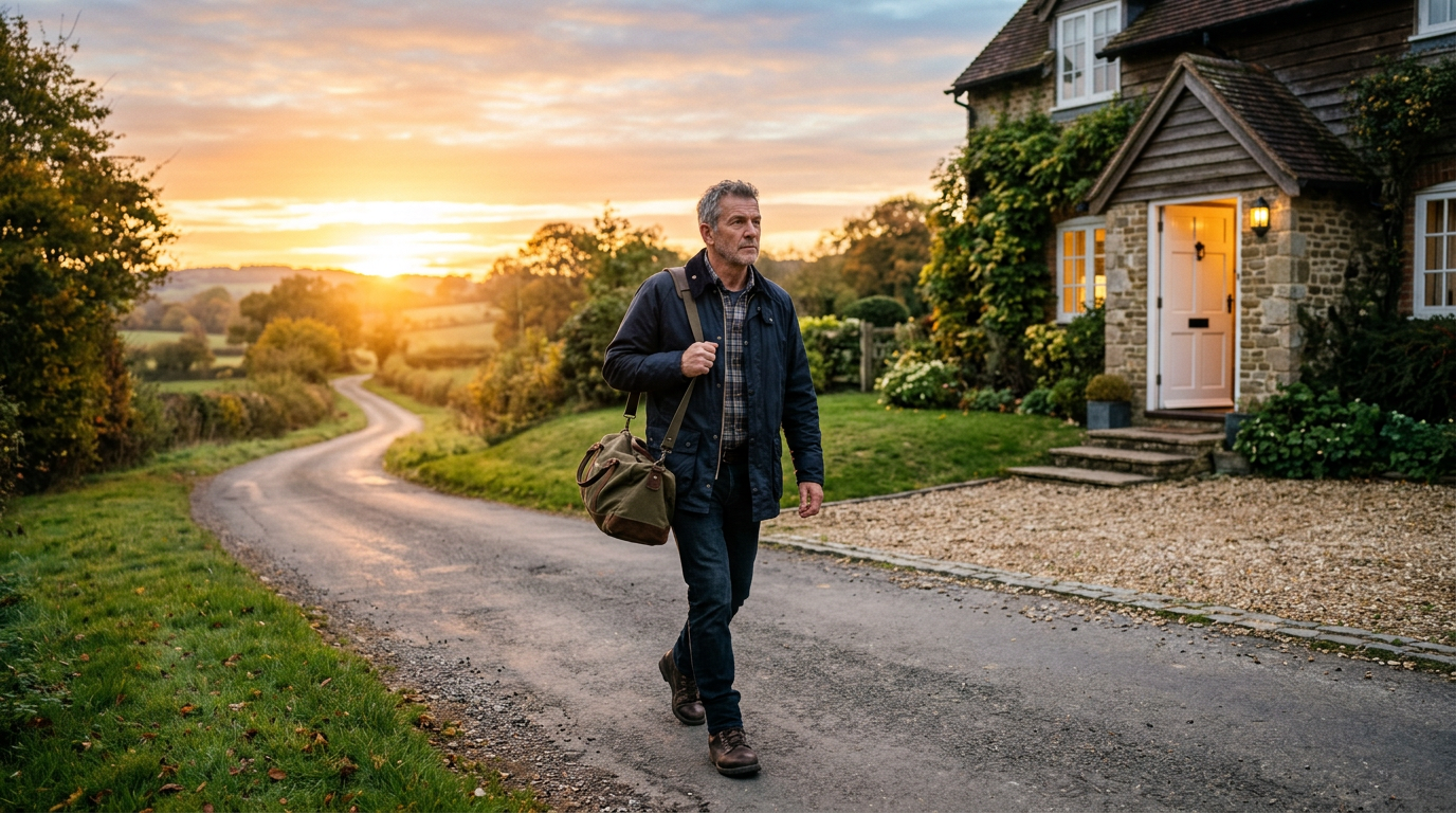 Man walking away from house at sunrise carrying a bag. Man walking away from house at sunrise carrying a bag.