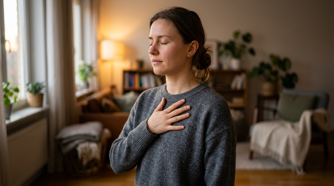 Woman's hand pressed over her heart in calm self-connection. Woman's hand pressed over her heart in calm self-connection.