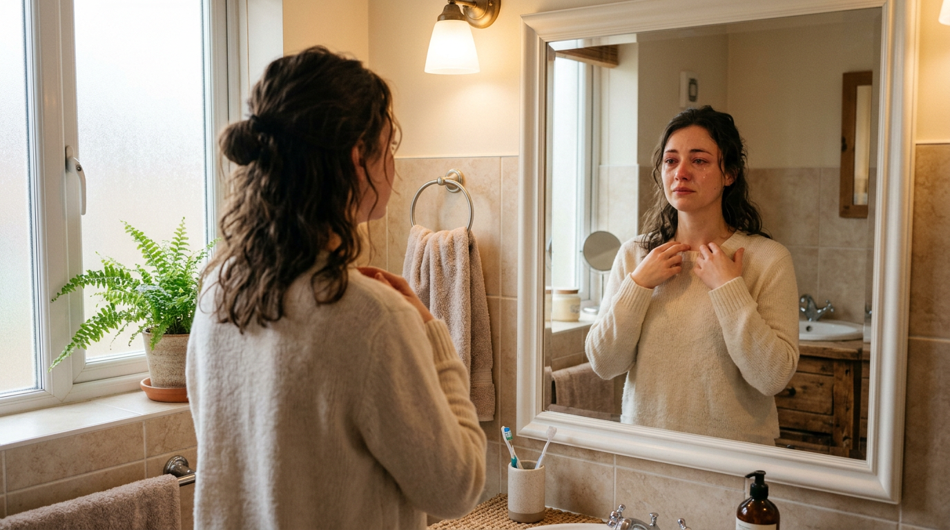 Person using EFT tapping technique in front of bathroom mirror. Person using EFT tapping technique in front of bathroom mirror.