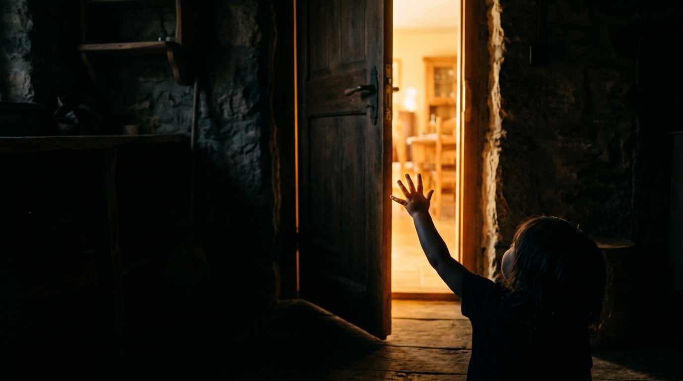 Child's hand reaching toward glowing light through doorway. Child's hand reaching toward glowing light through doorway.