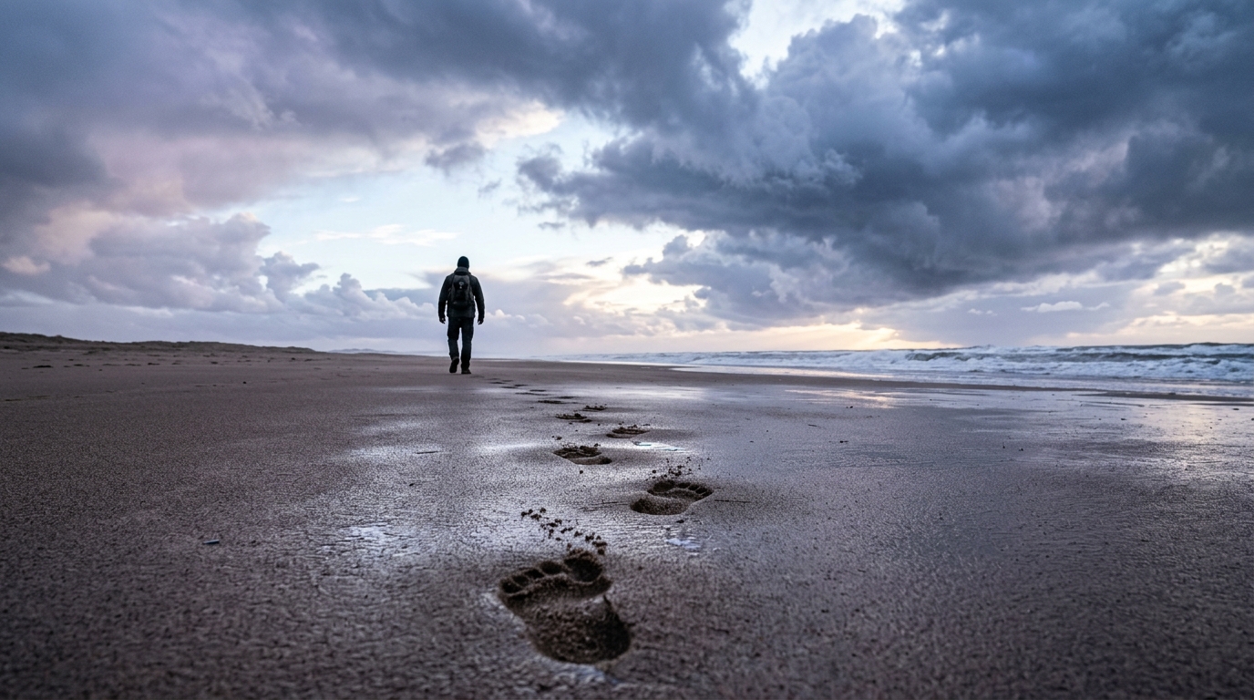 Footprints in sand leading toward the horizon, representing the intentional path of training for life's hardest moments. Footprints in sand leading toward the horizon, representing the intentional path of training for life's hardest moments.