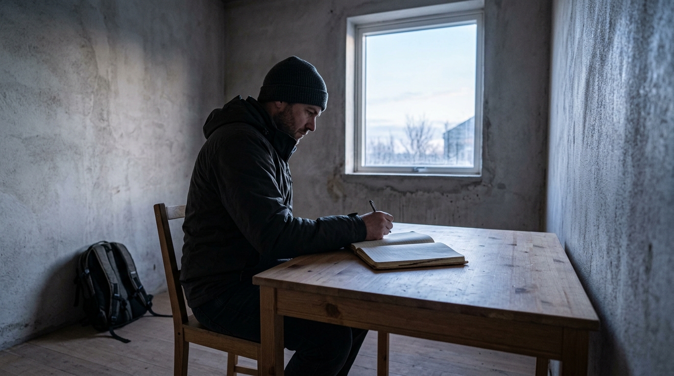 Person journaling alone in early morning light, building the mental defaults that will show up in crisis. Person journaling alone in early morning light, building the mental defaults that will show up in crisis.