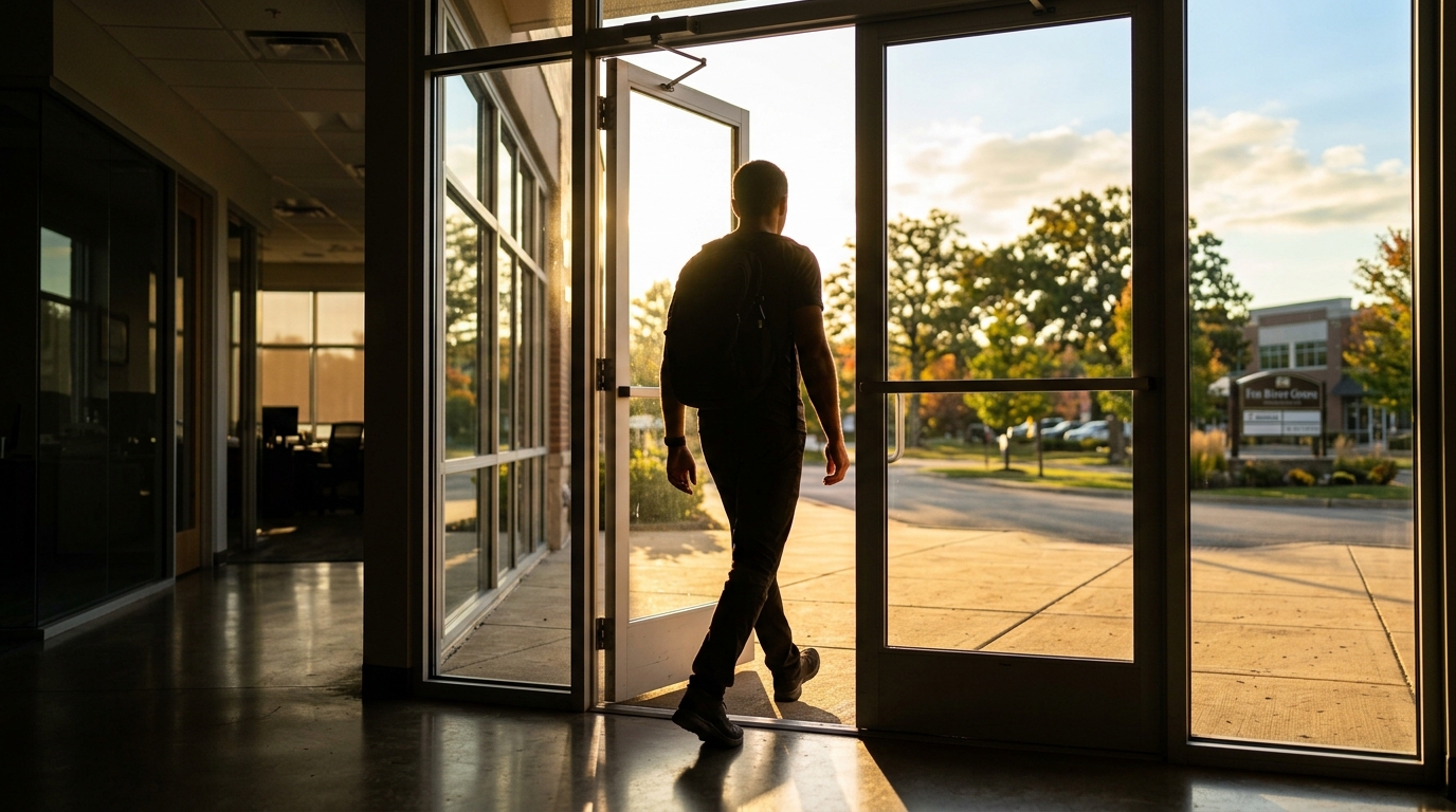 Person walking through a doorway into light representing confident action after sales training