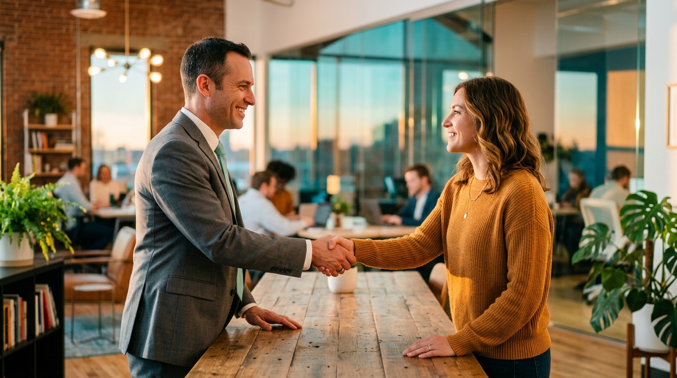 Two people shaking hands in a modern office representing sales as a life skill