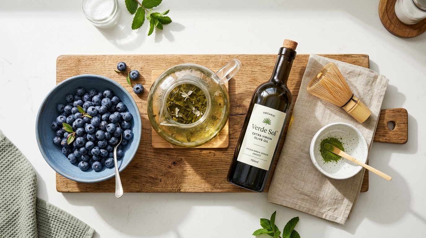 Three immune-supporting foods — blueberries, green tea, and extra virgin olive oil on kitchen counter