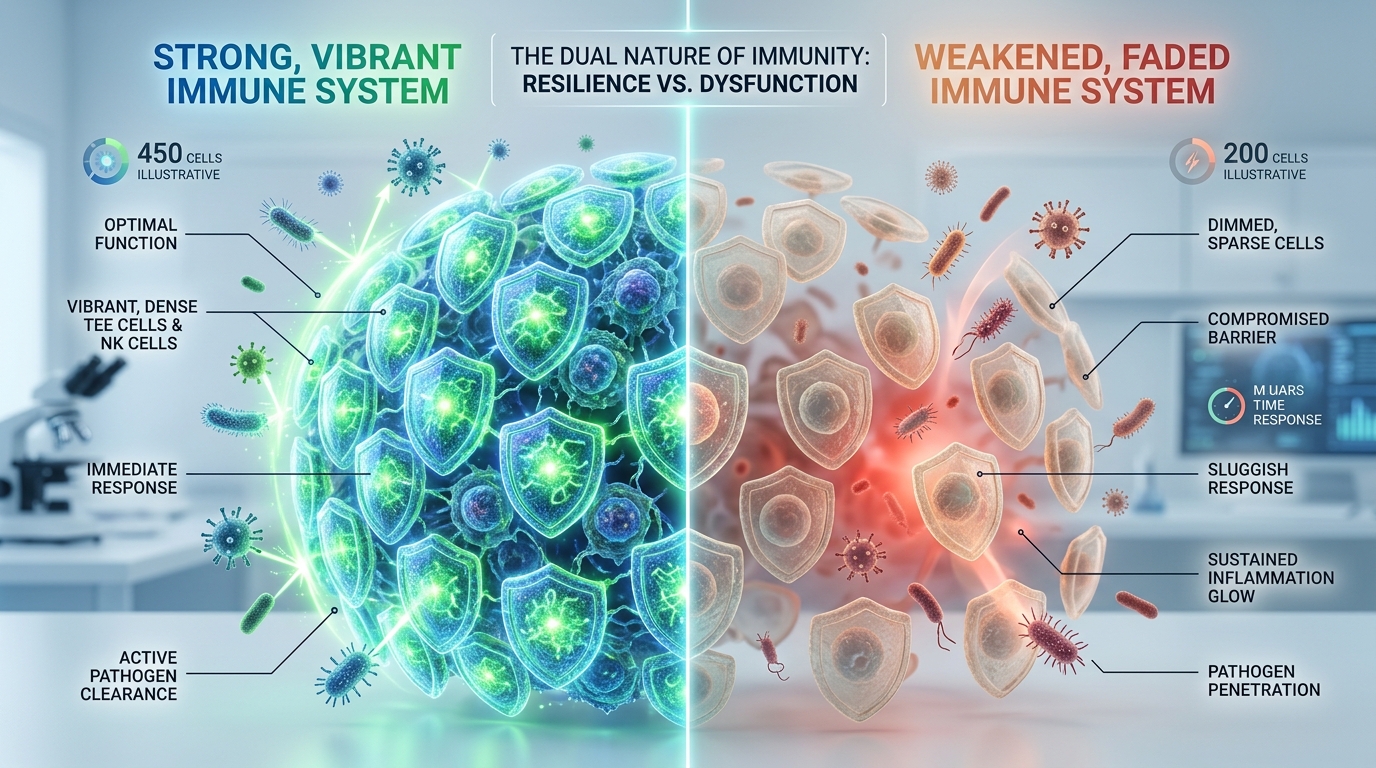 Immunosenescence comparison — strong immune system vs aging immune system with inflammaging