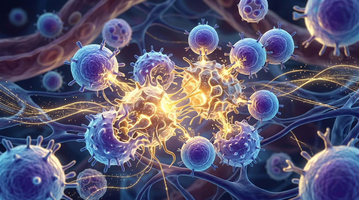 Immune cells destroying abnormal cancer cells — microscopic view of immune surveillance