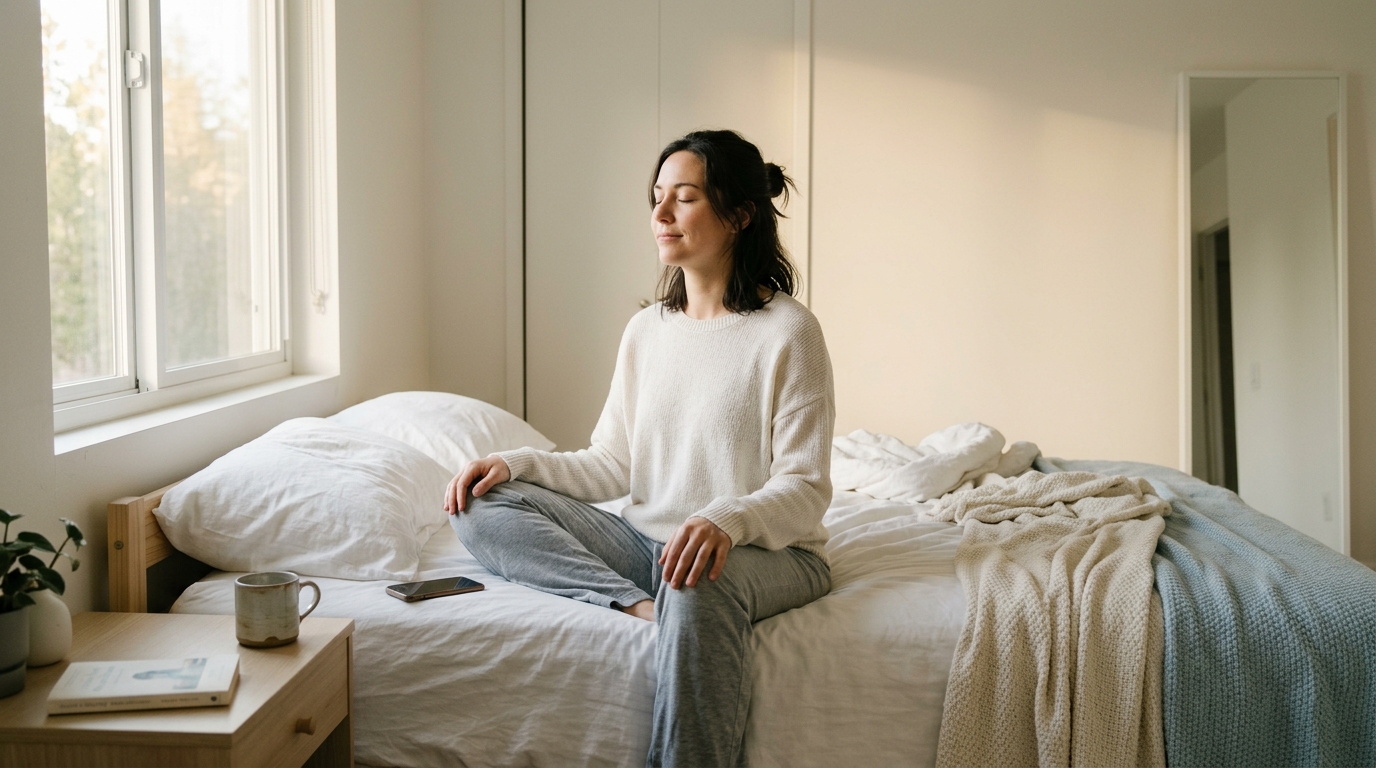 Person starting their morning with 6-phase meditation — one phase at a time, rewiring their future Person starting their morning with 6-phase meditation — one phase at a time, rewiring their future