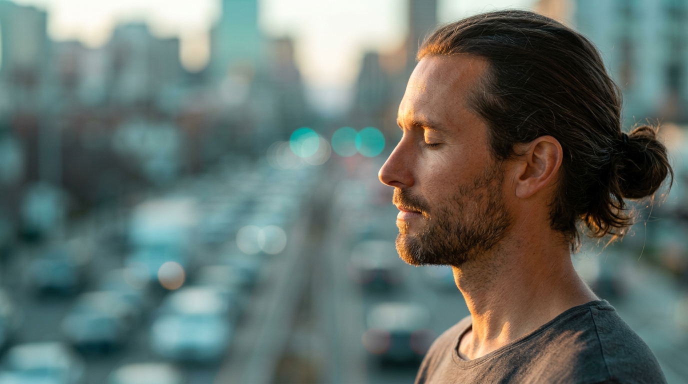 Close-up of man meditating in morning light — meditation expert Vishen Lakhiani's 6-phase practice Close-up of man meditating in morning light — meditation expert Vishen Lakhiani's 6-phase practice